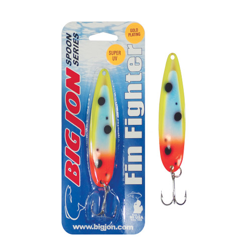 The Fin Fighter is a 4-1/4 inch by 1 inch trolling spoon that is a proven tournament winner!
The "Clutch's Touch" is a Red, Yellow and Black Spotted color pattern on a Gold Plating.