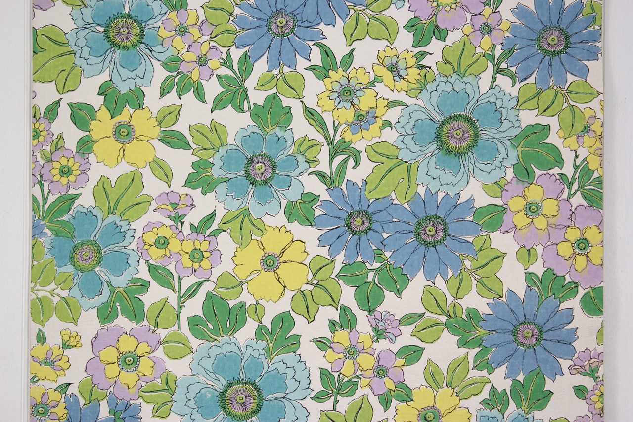 1970s Vintage Wallpaper Retro Blue and Green Flowers Rosie's Vintage
