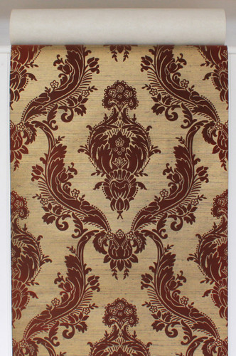 1970s Vintage Wallpaper Brown and Gold Flocked Large Damask Design