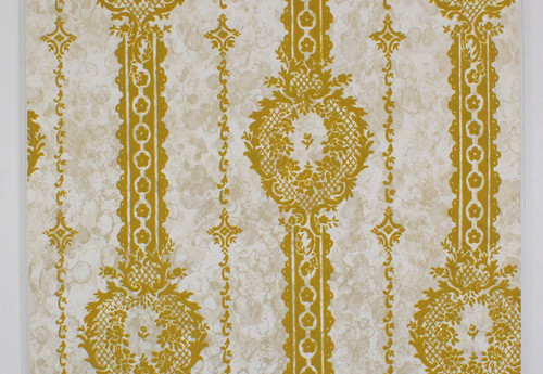 1970s Vintage Wallpaper Gold Green Flocked Design on Marble