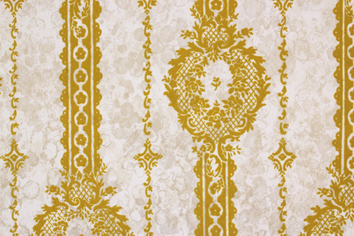 1970s Vintage Wallpaper Gold Green Flocked Design on Marble