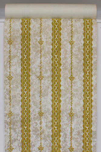 1970s Vintage Wallpaper Gold Green Flocked on Marble