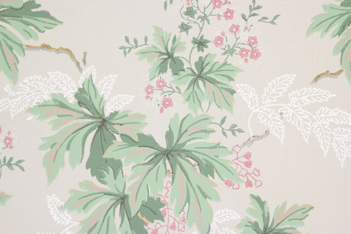 1930s Vintage Wallpaper Green Leaves and Small Pink Flowers