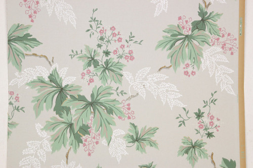 1930s Vintage Wallpaper Green Leaves and Small Pink Flowers
