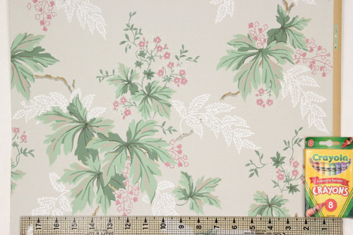 1930s Vintage Wallpaper Green Leaves and Small Pink Flowers