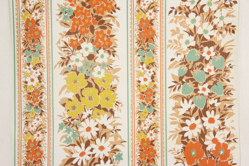 1970s Vintage Wallpaper Orange and Turquoise Floral Vinyl
