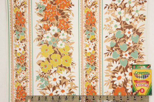 1970s Vintage Wallpaper Orange and Turquoise Floral Vinyl