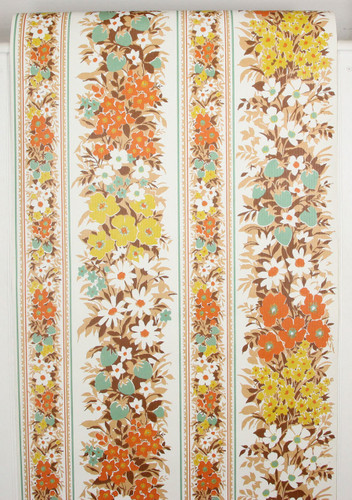 1970s Vintage Wallpaper Orange and Turquoise Floral Vinyl