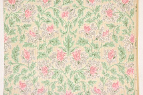1930s Vintage Wallpaper Pink Flowers and Green Leaves on Beige