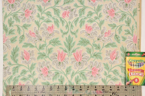 1930s Vintage Wallpaper Pink Flowers and Green Leaves on Beige