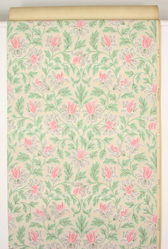 1930s Vintage Wallpaper Pink Flowers and Green Leaves on Beige
