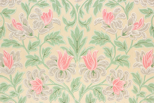 1930s Vintage Wallpaper Pink Flowers and Green Leaves on Beige