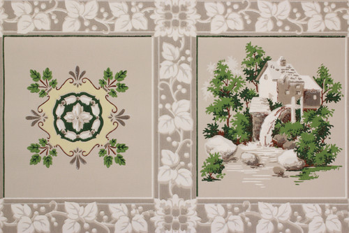 1950s Vintage Wallpaper Watermill Scenic
