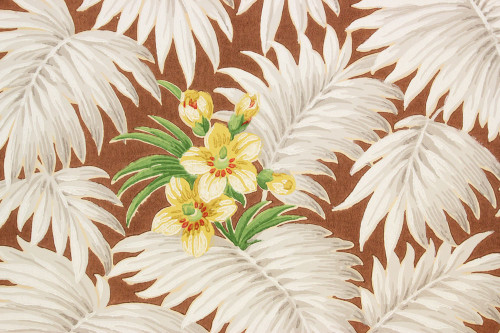 1930s Vintage Wallpaper White Tropical Leaves on Brown