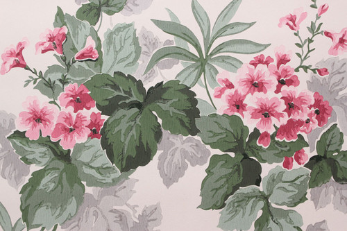 1950s Vintage Wallpaper Pink Flowers on White
