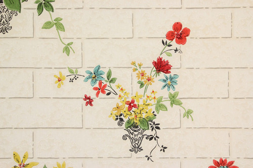 1930s Vintage Wallpaper Flower Bouquets on Tile
