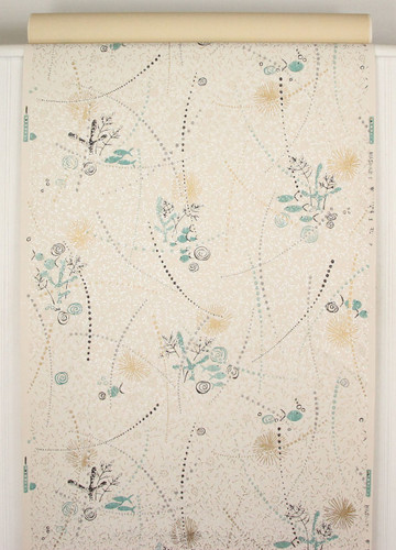 1950s Vintage Wallpaper Aqua Fish with Black and Gold Accents
