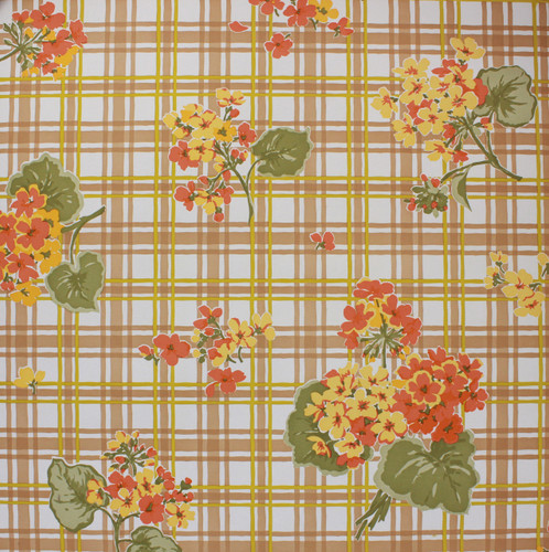 1970s Vintage Wallpaper Geraniums on Plaid