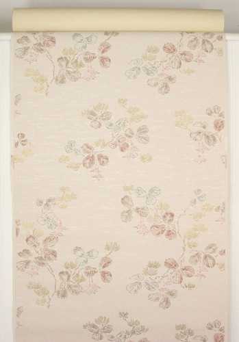 1950s Vintage Wallpaper Leaves Pink Flowers
