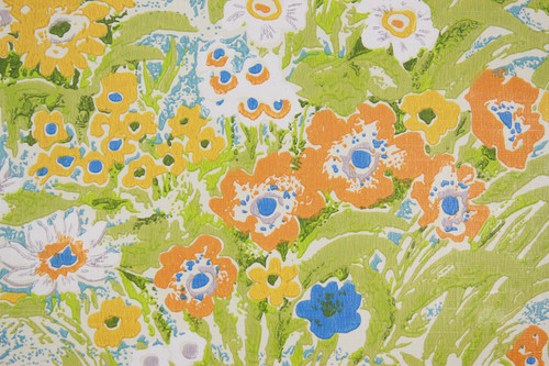 1970s Vintage Wallpaper Retro Blue Orange and Yellow Flowers