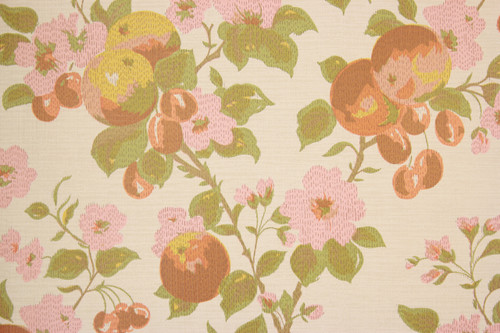 1970s Vintage Wallpaper Cherries and Pink Flowers II