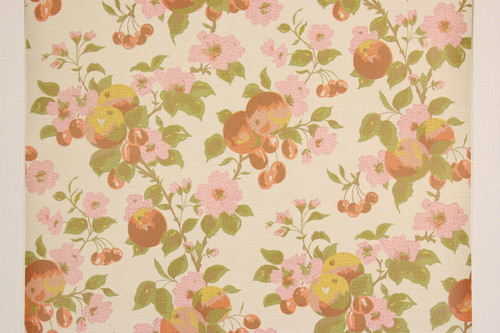 1970s Vintage Wallpaper Cherries and Pink Flowers II