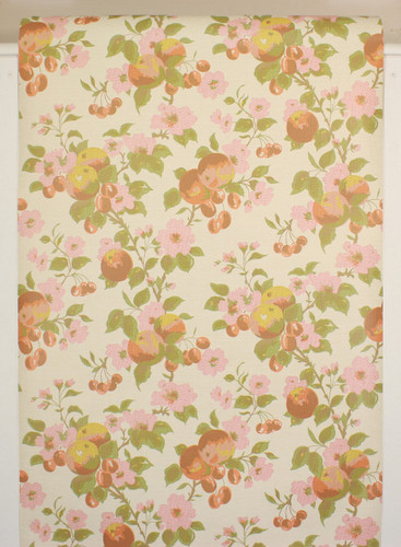 1970s Vintage Wallpaper Cherries and Pink Flowers II