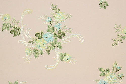 1930s Vintage Wallpaper Blue Yellow Roses on Pink