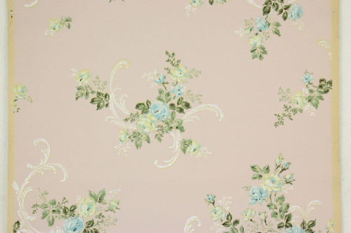 1930s Vintage Wallpaper Blue Yellow Roses on Pink