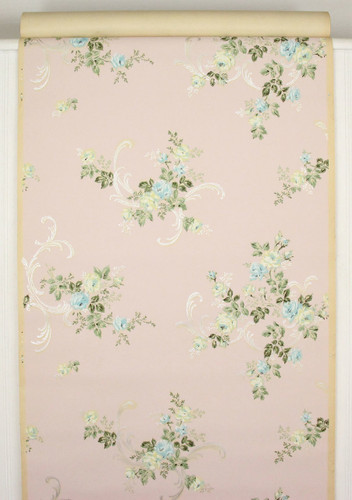 1930s Vintage Wallpaper Blue Yellow Roses on Pink