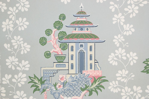 1950s Vintage Wallpaper Blue Chinoiserie