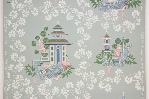 1950s Vintage Wallpaper Blue Chinoiserie