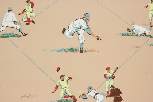 1950s Vintage Novelty Wallpaper Baseball Beige