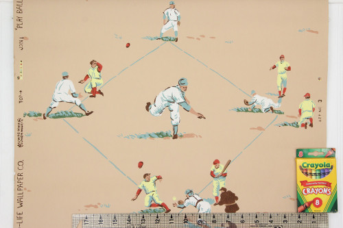 1950s Vintage Novelty Wallpaper Baseball Beige