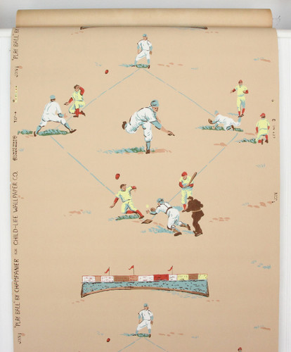 1950s Vintage Novelty Wallpaper Baseball Beige