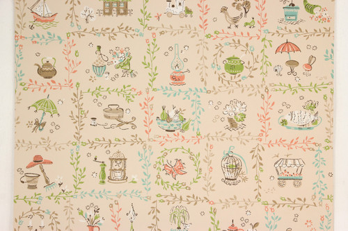 1950s Vintage Wallpaper Folk Art Salmon Aqua Kitchen