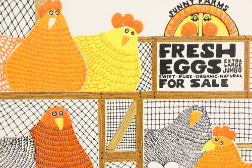 1970s Retro Vintage Wallpaper Orange Yellow Fresh Eggs Hens