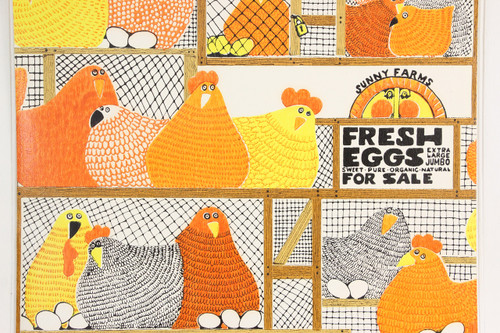 1970s Retro Vintage Wallpaper Orange Yellow Fresh Eggs Hens
