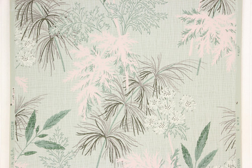 1950s Vintage Wallpaper White Flowers Pink Green Leaves