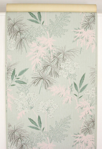 1950s Vintage Wallpaper White Flowers Pink Green Leaves
