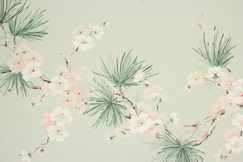 1950s Vintage Wallpaper Pink and White Flowers with Pine Needles