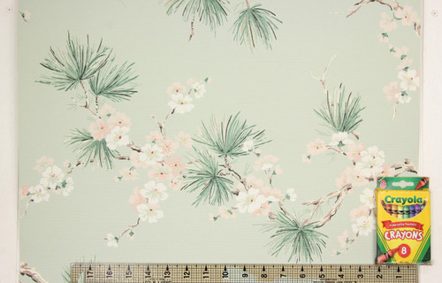 1950s Vintage Wallpaper Pink and White Flowers with Pine Needles