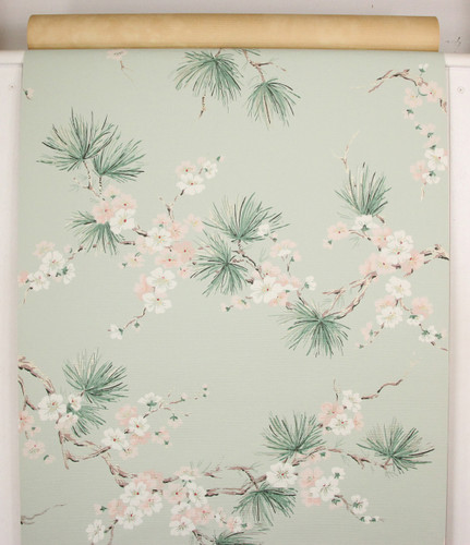 1950s Vintage Wallpaper Pink and White Flowers with Pine Needles