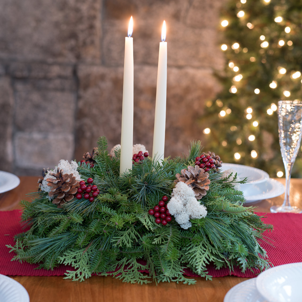 winterberry centerpiece with pine cones reindeer moss faux winterberries and ivory candles - Christmas Table Centerpieces winterberry centerpiece with pine cones reindeer moss faux winterberries and ivory candles - Christmas Table Centerpieces