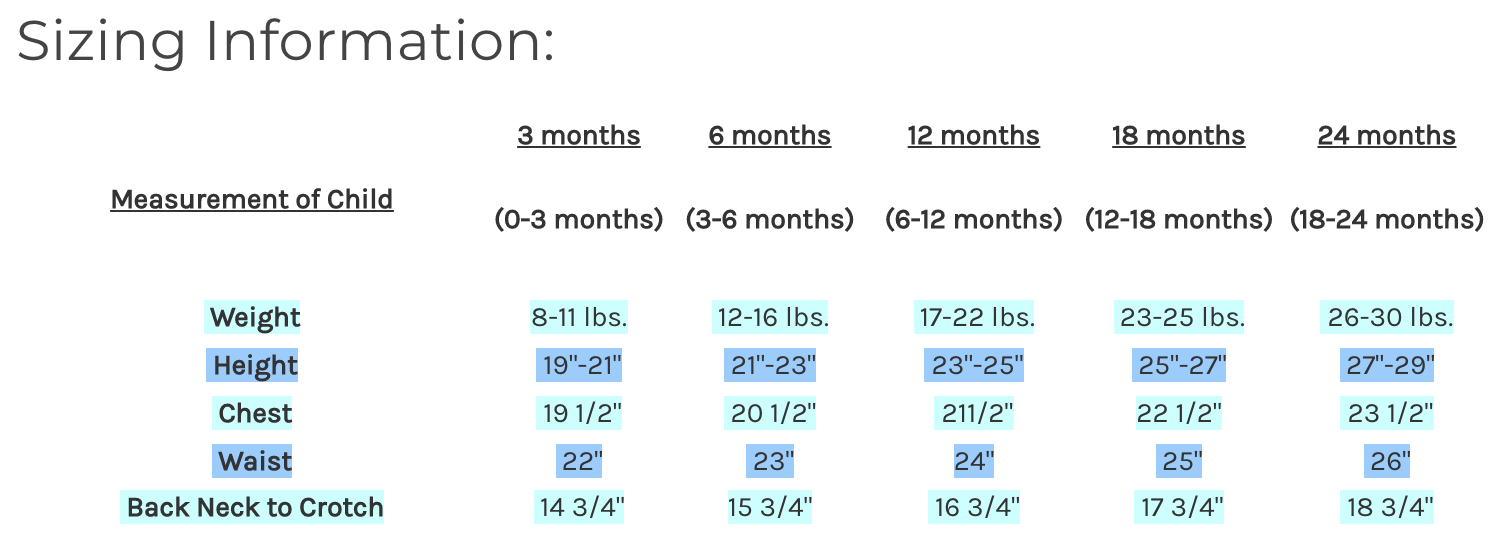 Children's Formal Attire - Sizing Information