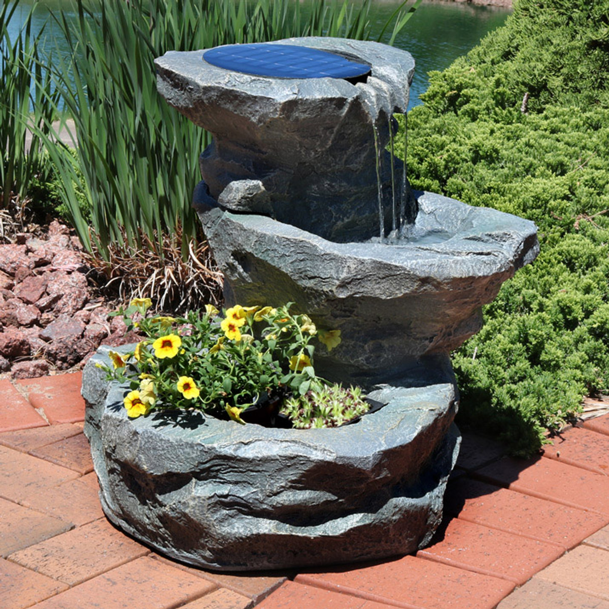 solar panel powered 3 tiers casarding water fountain feature with led light on solar panel outdoor fountain
