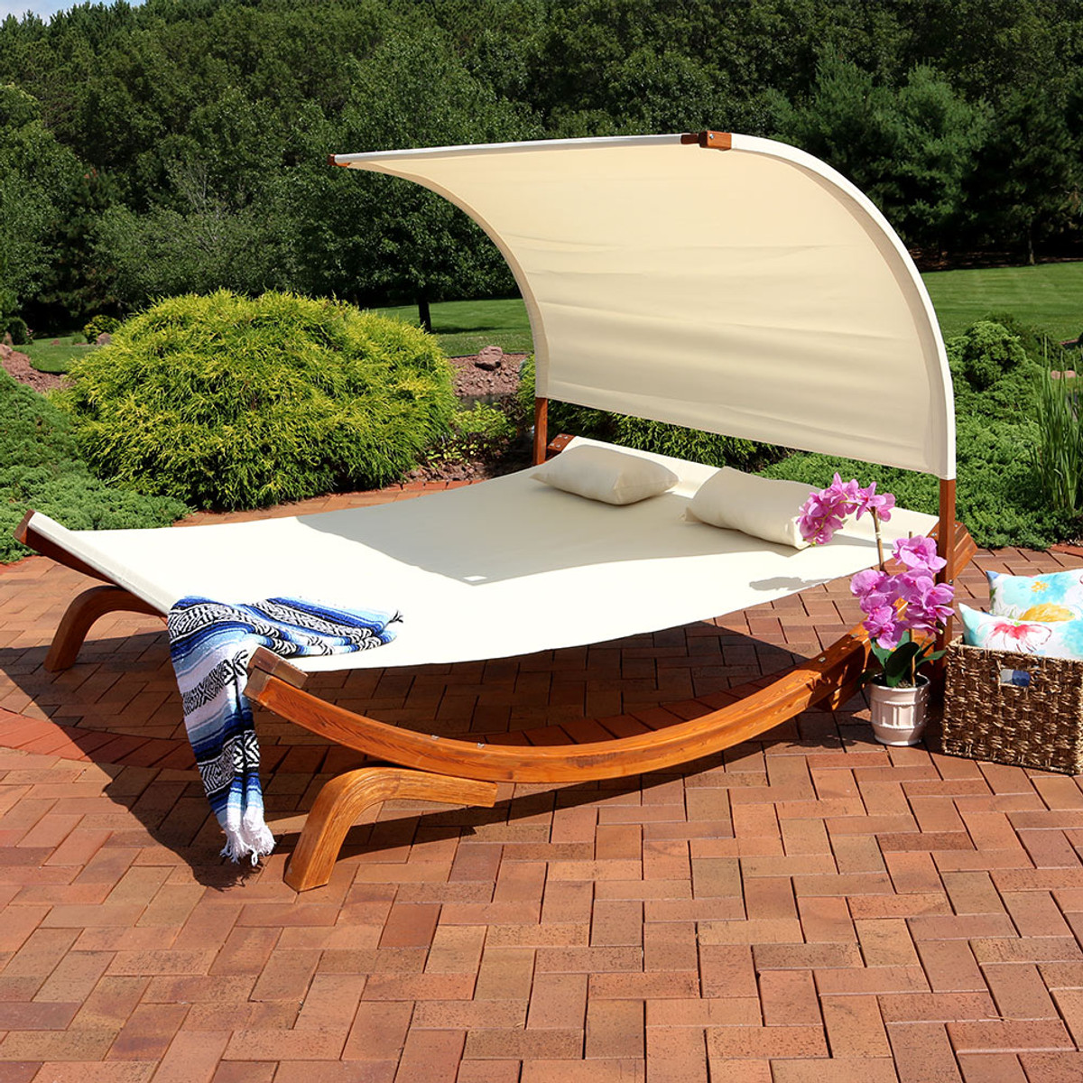 Sunnydaze Natural Colored Outdoor 2 Person Wooden Lounger With Canopy Perfect For Patio Or Poolside Sunnydaze Natural Colored Outdoor 2 Person Wooden Lounger With Canopy Perfect For Patio Or Poolside