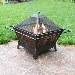 Sunnydaze 32 Inch Square Northern Galaxy Fire Pit with Cooking Grate and Spark Screen