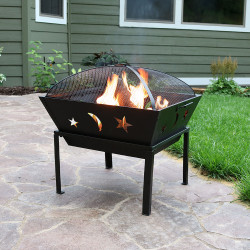 Sunnydaze 22 Inch Outdoor Square Stars and Moons Fire Pit with Spark Screen