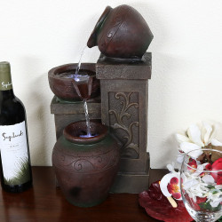 Sunnydaze Tiered Pottery Tabletop Water Fountain with LED Lights